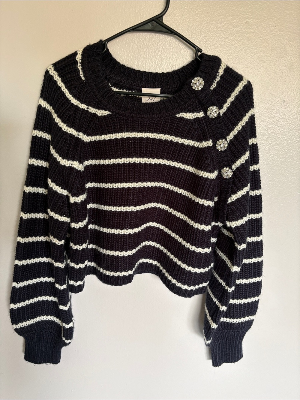 cinq a sept Keren Navy & White Striped cropped Crewneck Sweater